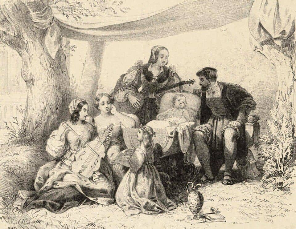 "Montaignes barndom", et litografi af Charles Alexandre Debacq, via Wikimedia Commons