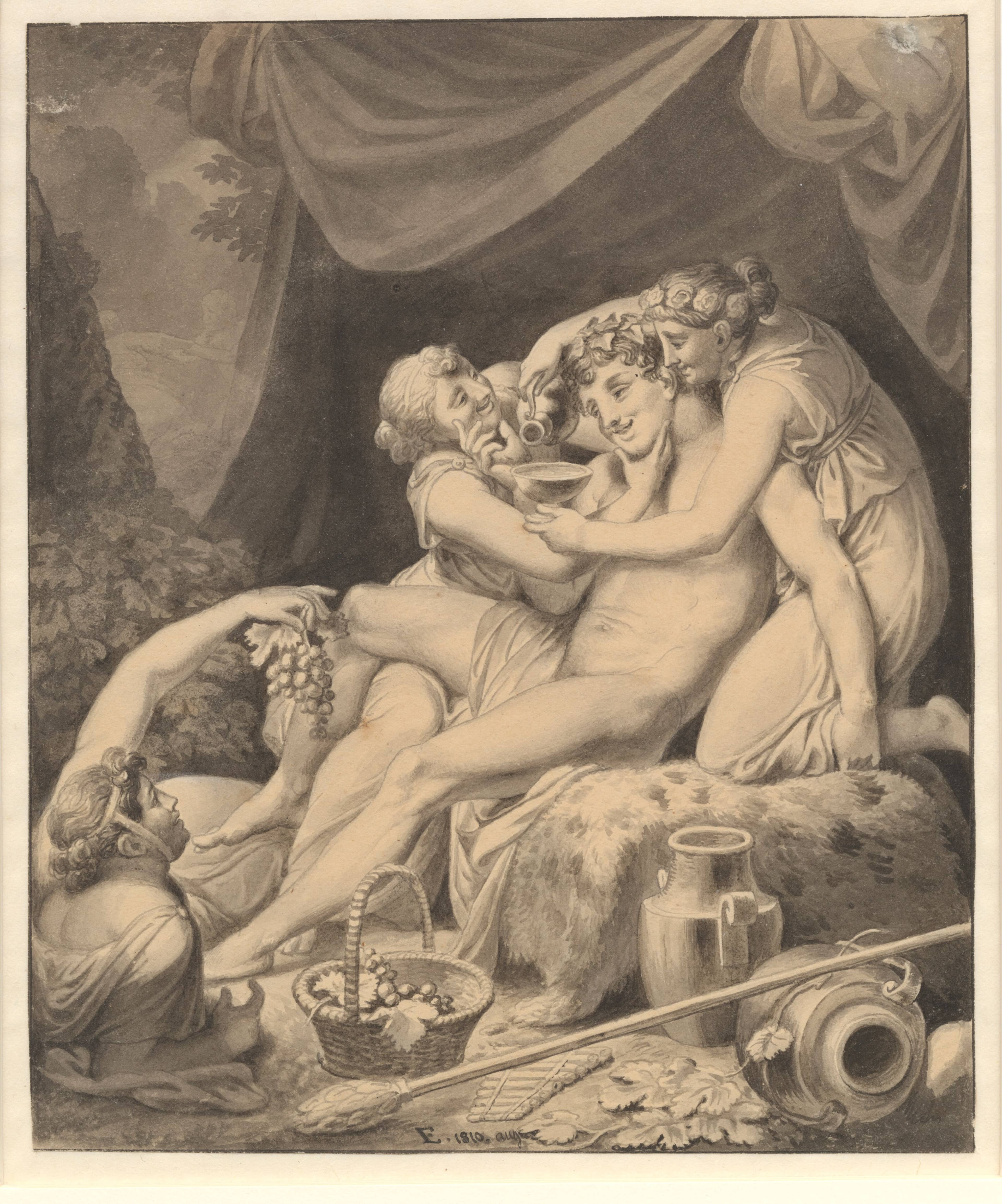 Bacchus med tre bacchantinder. Tegning, 1810