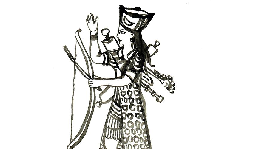 Illustration af ypperstepræstinde med bue og pil
