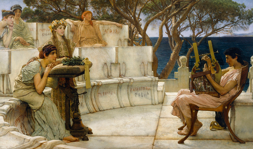 Sapfo lytter til digteren Alkaios i et græsk teater
